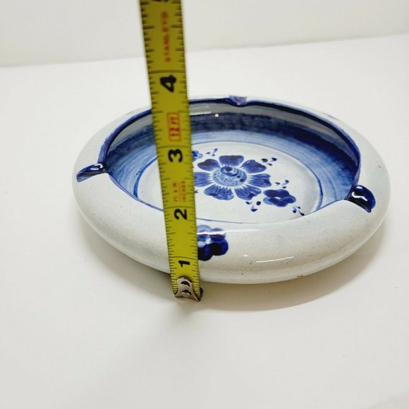 Handmade Germany Ceramic Blue Colbalt Flower Glazed Round Ashtray 7" wide Decor - Picture 5 of 6